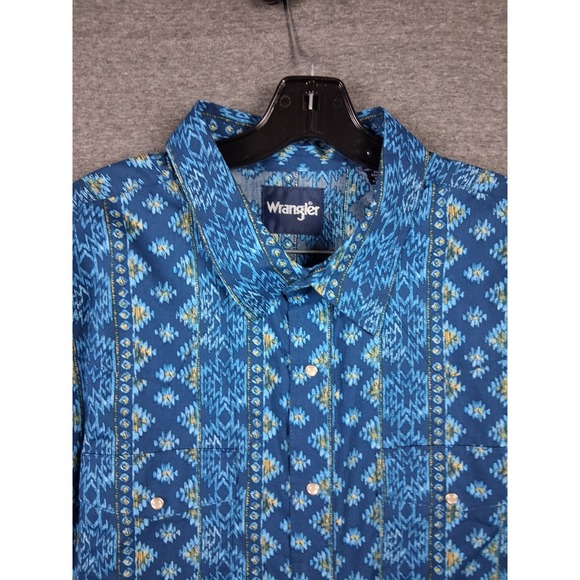 Wrangler Mens Shirt 2XL Blue Pearl Snap Aztec Southwestern Tribal Checotah Rodeo